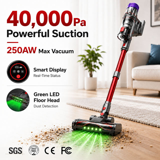 60Min Cordless Stick Vacuum Cleaner with Brushless Motor 40KPa Powerful Suction LED Display HEPA Filter for Pet Hair Carpet Hair