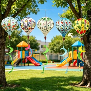 Décoration de jardin suspendue en forme de montgolfière, moulin à vent pliable en tissu peint avec queue en spirale pour l'art extérieur de la cour - Product Image 2