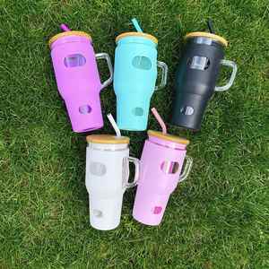 Meilleure vente : Tasse à eau pour voiture 32 oz, de voyage, avec poignée et paille, manchon en silicone, en verre, pour thé - Product Image 2
