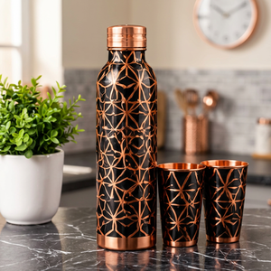 Luxury Copper <b>Water</b> <b>Bottle</b> Set with Two Cups Black Geometric Pattern Double Wall <b>Metal</b> Eco Friendly Drinkware - Product Image 1