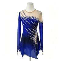 Robe de patinage artistique bleu roi et noir dégradé, ornée de strass faits à la main, dos croisé, pour adultes et enfants