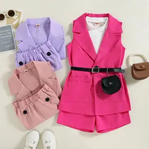 Conjunto de roupas de verão infantis, roupas femininas com lapela sem mangas, calções, cintura, 3 peças de cores doces, roupas infantis para meninas