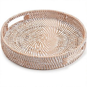 Rustic bamboo rattan <b>tray</b> Handmade woven plant fiber <b>tray</b> Round <b>decorative</b> <b>tray</b> with handles - Product Image 1