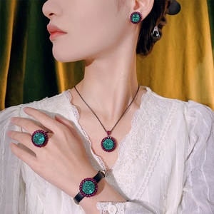 Fashion Eco-friendly Copper Leather Women's <b>Bracelet</b> <b>Set</b> 16-10mm Paraiba Green Cubic Zirconia Vintage Matching Jewelry <b>Set</b> - Product Image 5