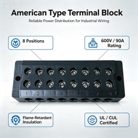 Bloc de distribution de puissance de type américain série ATA-90, 600V 90A, conforme aux normes UL/CUL, CQC, RoHS pour armoire de commande électrique