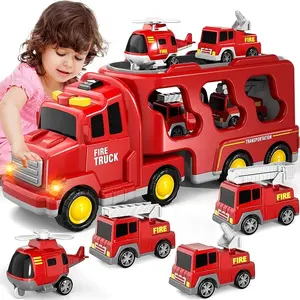 大型运输运输车4辆微型车辆摩擦消防救援车直升机云梯洒水车5合1消防玩具