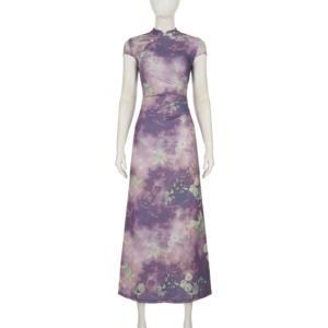 Nouvelle robe longue maxi moulante à imprimé floral violet de style chinois, col Cheongsam, pour femme, rétro, élégante, vintage, avec fente latérale - Product Image 6