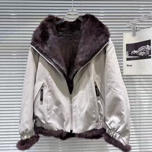 Nuovo Cappotto Corto da Donna in Lana/Seta con Cerniera Sottile e Fodera in Vera <span class=keywords><strong>Pelliccia</strong></span> di Coniglio, Nero e Bianco su Entrambi i Lati - Product Image 3