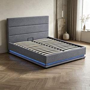 Base de <span class=keywords><strong>lit</strong></span> avec éclairage LED et rangement, gain de place, tête de <span class=keywords><strong>lit</strong></span> triple couche rembourrée en <span class=keywords><strong>lin</strong></span>, pour distributeurs de meubles, commande en gros - Product Image 3