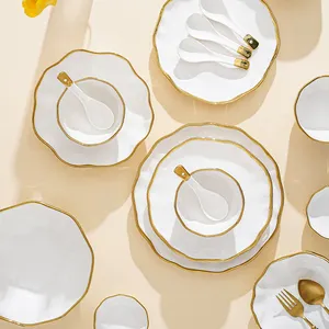 Nordic Luxury Wedding White Dishes Plates Dinner Tableware Set Custom Golden Edge Ceramic Dinnerware Set