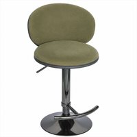 Tabouret pivotant en velours vert kaki avec dossier, assise circulaire rembourrée, base bombée gris bronze, réglage hydraulique et repose-pieds courbé pour la maison