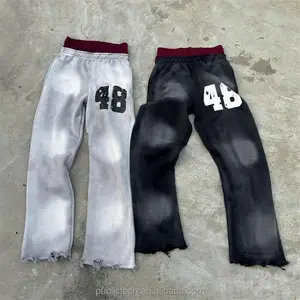 Streetwear Hoge Kwaliteit Op Maat Bedrukt Logo Man Distressed Zuur Wassen Wijd Uitlopende Zweetbroek Mannen Baggy Joggingbroek Met Dubbele Taille