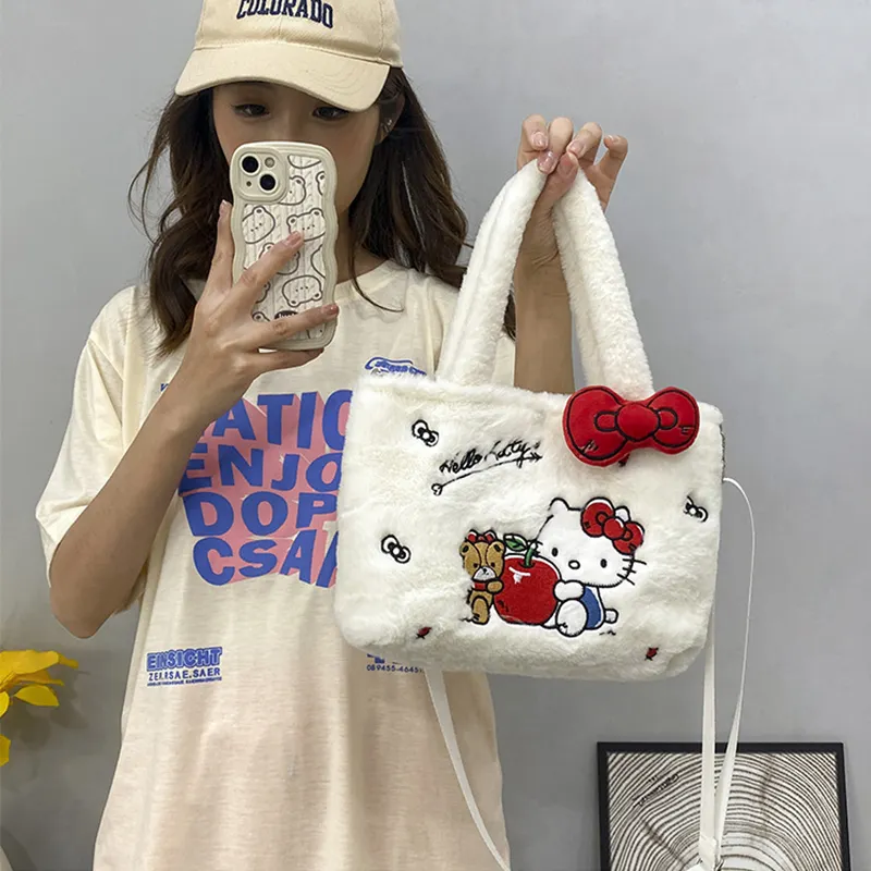 Sanrioed Plüsch-Tote-Tasche Kawaii Hello KT Cinnamoroll Melodie Plüsch Crossbody-Tasche hochleistungskarikatur Hello KT-Handtasche für Mädchen