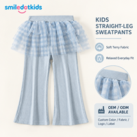 Pantalon évasé personnalisé Smiledotkids pour enfants, bleu clair, en tulle, avec taille à volants, tricot côtelé, OEM ODM, pour petites filles, vente en gros