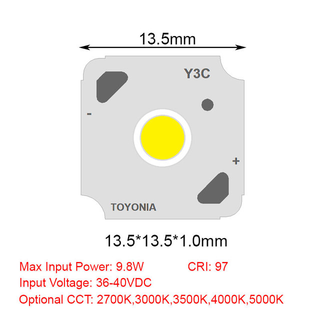 LEDEAST Y3C-Q COB LED Chip 13.5*13.5mm 2700K-5000K CRI 97 9.8W Aluminum Base Chip on Board CE RoHS for Spotlight