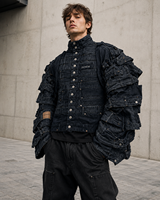Veste en jean sculpturale pour homme DiZNEW High Street, coupe ample avec détail de ceinture superposée, noir délavé, vêtement d'extérieur streetwear OEM