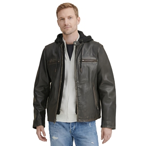 Chaqueta de Motociclista para Hombre, de Cuero Genuino, con Capucha, Cierre de Cremallera, Color Sólido, Corte Regular, Estilo Otoñal - Product Image 1