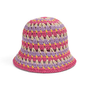 Sombrero de Paja de Papel Tejido <span class=keywords><strong>a</strong></span> Mano con Rayas de Colores - Sombrero de Cubo Transpirable y Hueco para Mujer, Estilo Veraniego para Vacaciones y Playa - Product Image 4