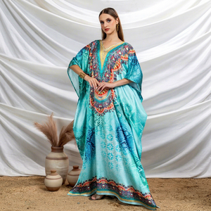 Wholesale Designer Turkish Style <b>Kaftan</b> Kurta Women Polyester Handmade Batwing Sleeves V Neck Regular Fit Flared Hem Ramadan - Product Image 1