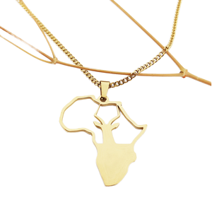 Collier <span class=keywords><strong>Carte</strong></span> d'Afrique avec Breloque Cerf en Acier Inoxydable Plaqué Or, Chaîne Cubaine 18 pouces, Bijou Ethnique Authentique d'Afrique du Sud - Product Image 1