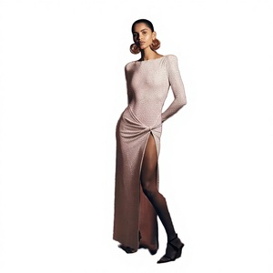 Sexy Chic Sparkly Diamonds Folds Split Floor-Length Slim <b>Dress</b> Women Long Sleeves Shiny Rhinestones Evening Party Cocktail - Product Image 2