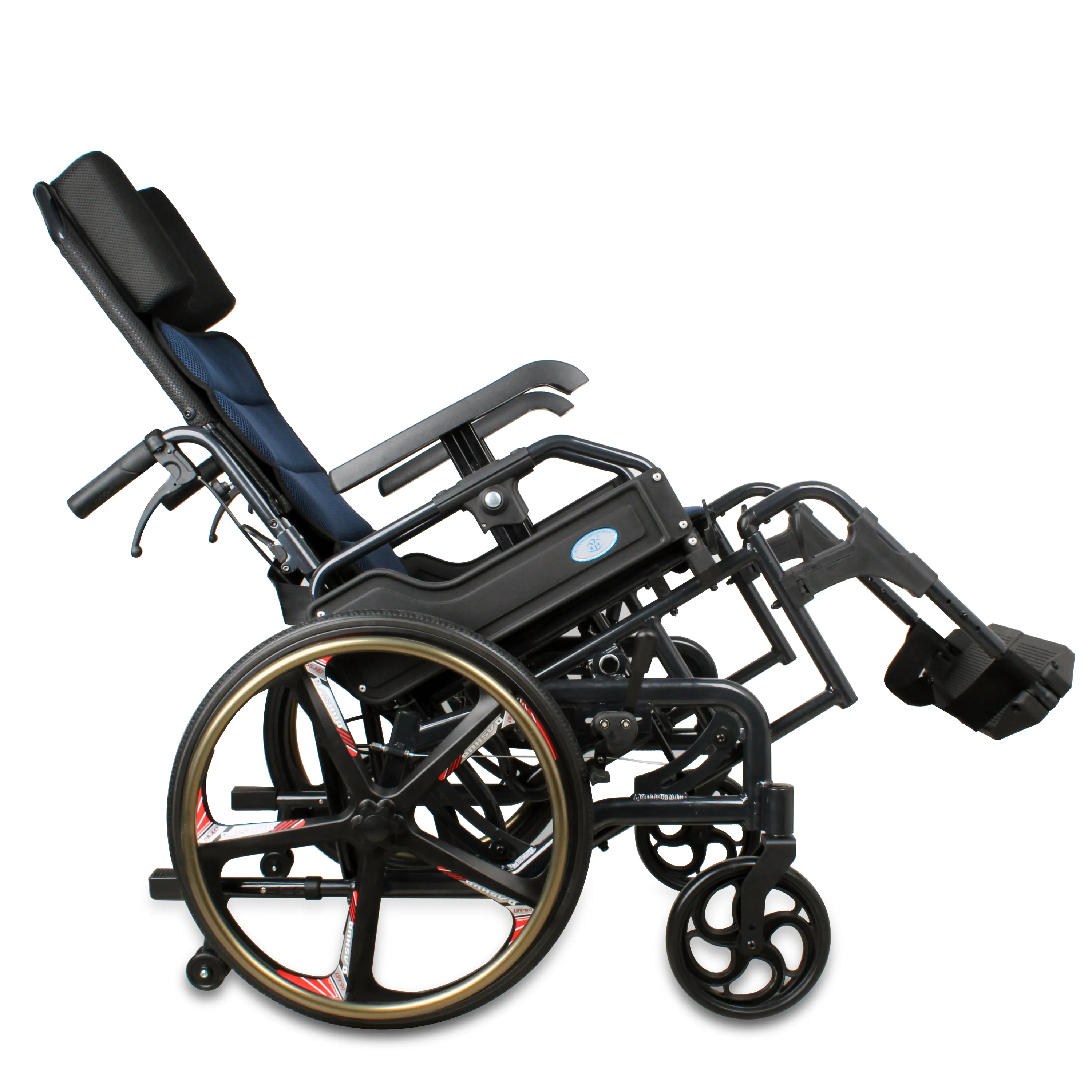 높은 등받이 파란색 알루미늄 휠체어 접이식 경량, 팔걸이와 분리형 레그