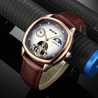 Montre mécanique entièrement automatique Shikong, phase de lune, bracelet en cuir véritable, boîtier en alliage, fermoir papillon - Style business pour homme