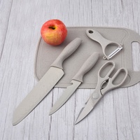 Ensemble de 7 accessoires de cuisine en paille de blé, ensemble de couteaux de cuisine en acier inoxydable avec planche à découper