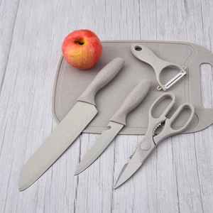Ensemble de 7 accessoires de cuisine en paille de blé, ensemble de couteaux de cuisine en acier inoxydable avec planche à découper - Product Image 3