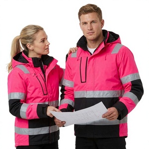 Chaqueta de Trabajo de Algodón Rosa Impermeable de Alta Visibilidad con Franjas Reflectantes, Chaqueta de Seguridad Unisex con Certificación CE/UE para Construcción y Minería - Product Image 1