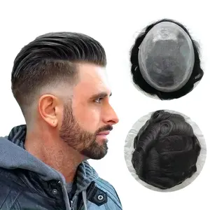 도매 가발 100% 진짜 인간의 머리카락 남자의 머리 교체 시스템 천연 블랙 컬러 웨이브 얇은 피부 남성용 가발
