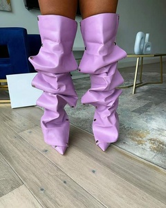 SHIKOL sıcak pembe turuncu Metal perçinler gevşek pilili ayakkabı kadın çizmeler yüksek topuklu özel lüks uzun çizmeler bayanlar diz yüksek çizmeler - Product Image 3