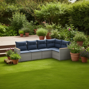 Ensemble de canapés de jardin d'extérieur, 7 pièces, en polyrotin gris avec coussins, design contemporain pour terrasse - Product Image 2