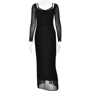 Vestido de noche europeo-americano de manga larga, sin espalda, con capas transparentes, para mujer, con cintura natural, moderno y elegante. - Product Image 5