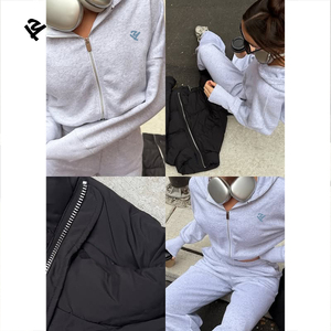 Completo da donna 2 pezzi: <span class=keywords><strong>Felpa</strong></span> con cappuccio corta con zip e pantaloni a vita alta a gamba larga, tuta casual streetwear <span class=keywords><strong>grigia</strong></span>, set loungewear - Product Image 5