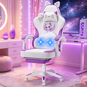 <span class=keywords><strong>Chaise</strong></span> <span class=keywords><strong>de</strong></span> jeu à motif chat mignon avec massage et accoudoirs synchronisés - <span class=keywords><strong>Chaise</strong></span> ergonomique abordable en cuir PU blanc lilas pour le <span class=keywords><strong>bureau</strong></span> à domicile - Product Image 1