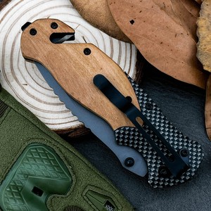 Navaja Plegable de Acero Inoxidable con Mango de Madera, Hoja Serrada de Punta Caída, Táctica, para Camping y Exteriores, OEM - Product Image 1