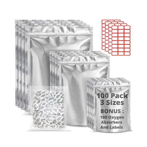 50个聚酯薄膜袋，50个500cc吸氧剂和50个不干胶标签，1加仑聚酯薄膜袋，用于长期储存9.5密耳厚的食物
