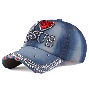 Crystal Rhinestone Studded Bejeweled Bling Distressed Jeans Baseball Cap Lady Denim Baseball Hat Cap