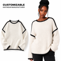 Pull en tricot vintage pour femme, col rond, 100 % polyester, 12GG, avec bordure contrastante, fabriqué sur mesure en usine, échantillon rapide