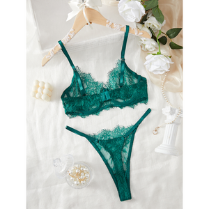 Set Reggiseno e Slip a Filo Dentale Verde Scuro Trasparente in Pizzo con Negozio di Lingerie Sexy - Product Image 6