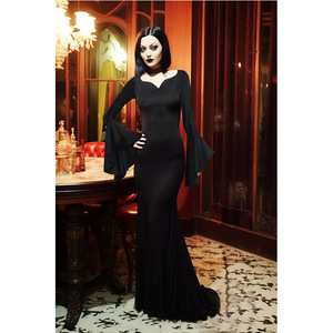 Robe longue gothique noire style sirène, tenue de cosplay Morticia Addams, manches évasées, costume de soirée d'Halloween - Product Image 4