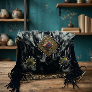 Sac à main bandoulière en fourrure de chèvre noire, fait main par des artisans Banjara, avec pochette en coton, pour femmes - Product Image 1