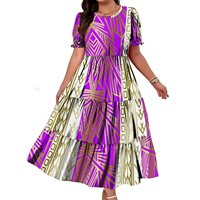 Robe longue décontractée de soirée pour femme, grande taille, vert sauge foncé, style tribal polynésien, à manches courtes bouffantes et à volants superposés