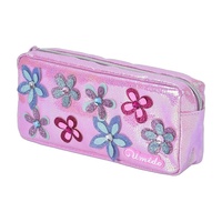 Pochette à crayons personnalisée avec logo, motif fille mignon, hologramme brillant, fleur en appliqué 3D, strass, impression sérigraphique, fermeture éclair