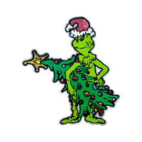 Grande applique de Noël en chenille thermocollante écologique, motif monstre vert, avec sequins brodés, chapeau de Père Noël et sapin scintillants