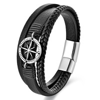 Pulsera de Cuero Trenzado Multicapa de Acero Inoxidable para Hombre, Brazalete de Cuerda Tejida Estilo Bohemio, Joyería Casual para Exteriores, Caja de Regalo