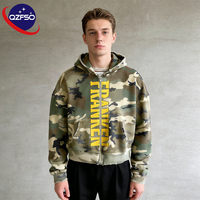 QZFSO Sweat-shirt à capuche zippé pour homme, en coton French Terry, coupe ample et carrée, avec broderie personnalisée, effet délavé camouflage