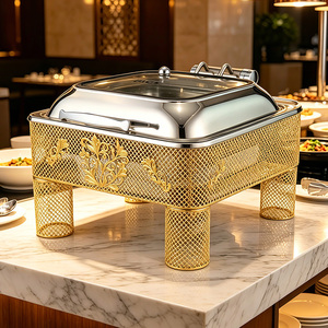 Nouveau Réchaud de Buffet Moderne en Acier Inoxydable Doré UIWS 6L, Chauffage à l'Alcool, Couvercle Hydraulique à Bordure Dentelée pour Hôtels et Banquets - Product Image 1