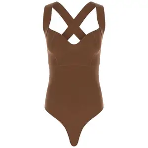 Spring Summer Custom Brown Ribbed Knit Criss-Cross Bandage Body Suits Knitted Bodysuits Women Ladies Bodysuit